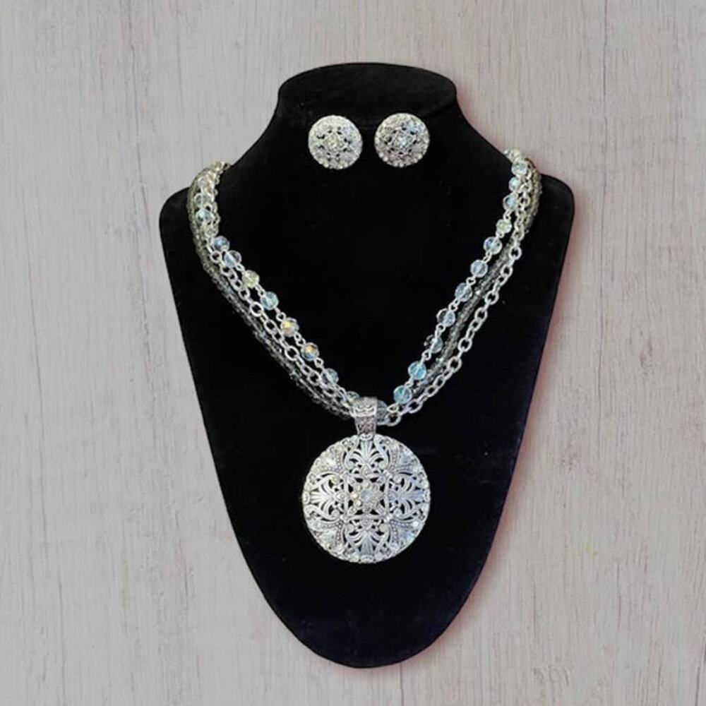 Vintage Nancy & Rise Signed Silver (3) Strand Filigree Medallion & Earring Set